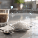 A glass of coffee sits next to a small bowl of white erythritol sweetener granules on a marble countertop. Digital icons representing heart health and scientific data hover above the bowl in a bright, modern kitchen setting.