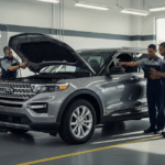 Two mechanics in a garage examine a gray SUV with its hood open, while a holographic display shows "412,774 Recall Alert Notification: Check ABS Module," indicating Ford Explorer Recalls. This scene emphasizes the urgency and scale of vehicle recalls, specifically for the Ford Explorer.