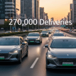 A fleet of Huawei-backed AITO M9 luxury sedans driving down a busy city highway during a golden sunset.