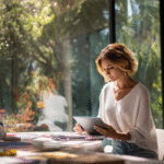 A woman resembling Jessica Alba sits at a sunlit desk in a modern home office, focused on a digital tablet.