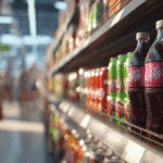 A close-up view of bottled and canned soft drinks on a supermarket shelf, with a blurred grocery store aisle and shoppers in the background.
