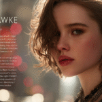 A close-up portrait of Maya Hawke with soft lighting and freckles, featuring artistic overlay text.