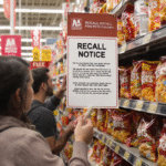 A retail store shelf displays a prominent Recall Notice sign hanging in front of frozen potato products. This Tater Tots Recall information helps customers identify potentially affected items while shopping in the USA.
