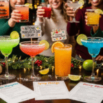 A group of people joyfully clinking various colorful margaritas, with festive decorations and menu cards on a table. The scene is set for a lively celebration, featuring a range of creative margarita flavors.