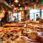 A shallow-depth-of-field shot focusing on a gourmet pizza topped with fresh peppers and basil inside a festive, colorful restaurant.