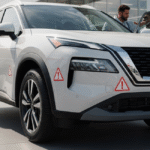 A new white Nissan Rogue SUV is parked in a dealership showroom with warning stickers on its hood and doors. Several people are gathered around the car, looking at it with concern, suggesting a discussion about potential issues or a recall.
