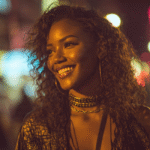Olandria smiles brilliantly against a blurred backdrop of vibrant city neon lights at night.