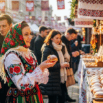 A woman in traditional Polish attire holds a paczek, smiling in a bustling market. Stalls laden with pastries and other treats line the street under festive banners.
