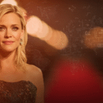 A sophisticated portrait of a woman in an evening gown with a translucent digital world map overlaid in the background.