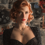 Scarlett Johansson in an elegant dark top with a detailed background of posters. Her fiery red hair and striking gaze command attention.