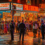 A vibrant night street scene filled with people, police officers, and brightly lit storefronts, suggesting a festive but controlled atmosphere. Confetti litters the ground, and a police vehicle is visible, hinting at potential incidents during a public celebration.