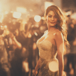 A glamorous woman in a shimmering gold gown poses confidently on a red carpet. Dozens of photographers and flashing lights create a bright, blurred background.