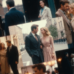 A collage of various cinematic photographs showing a well-dressed man and woman in different urban settings, capturing moments of romance, walking together, and emotional interactions on city streets.
