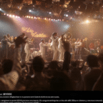 A vibrant salsa band, possibly featuring Willie Colon, electrifies a packed venue with brass instruments and powerful vocals. Bright stage lights illuminate the performers as the crowd cheers for an unforgettable night of music.