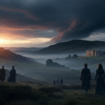 A wide cinematic shot of figures walking through the misty Yorkshire moors toward a distant manor under a stormy sunset.