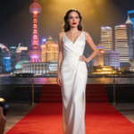 Angelina Jolie stands on a red carpet in a sleek white wrap gown. The illuminated Shanghai skyline glows behind her as photographers capture the moment.