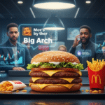 A vibrant McDonald's Big Arch Burger and fries sit on a table, with holographic screens displaying market data. Business professionals observe the data and social media comments, discussing the product's impact.
