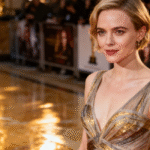 n actress poses elegantly on a red carpet, wearing a gold and sheer pleated gown. She looks serenely at the camera, with awards posters visible in the blurred background.
