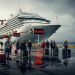Travelers with luggage stand on a wet pier as a large cruise ship sits behind “DELAYED” and “CANCELED” signs.