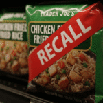 A close-up of a "Trader Joe's Chicken Fried Rice" package on a grocery shelf with a prominent red "RECALL" label. Other similar frozen food packages are blurred in the background, underscoring the specific product affected.