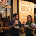 Three tattooed friends stand outside a Chipotle at sunset holding bowls and burritos. A window poster reads “FRIDAY THE 13TH BOGO” behind them.