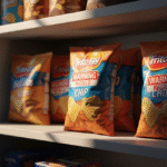 Frito-Lay potato chip bags with "WARNING RECALLED CHIP" labels sit on a pantry shelf. The bags are prominently displayed, alerting consumers to a significant chip recall.