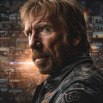 Portrait of Chuck Norris in a leather jacket, looking over his shoulder against a wall of film stills. The collage behind him highlights a long career in action cinema and television.