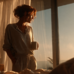A woman in loose loungewear stands by a floor-to-ceiling window holding a mug, bathed in golden sunrise light.