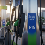 Close-up of a fuel dispenser marked “E15” and “CLIMATE-FRIENDLY BLEND” with green nozzles at a sunny station; includes Gasoline E15.