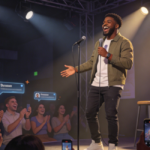 Druski performing on stage with a microphone, laughing and gesturing to a cheering audience holding up smartphones.