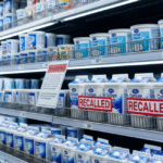Supermarket dairy aisle shelves displaying containers of cottage cheese with "RECALLED" signs. A red warning notice is prominently placed on the shelf, advising customers about the Cottage cheese recall.