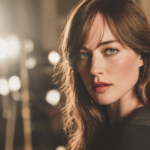 Dakota Johnson, with her signature bangs and captivating blue eyes, gazes directly at the viewer with soft, natural makeup. The background is softly blurred with warm, glowing lights, hinting at a studio or event setting.