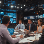 Newsroom professionals huddle around a table, intensely focused on a laptop and documents, while multiple screens display breaking news and data. The scene captures the high-pressure environment of news production amidst significant industry changes.