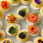 Overhead view of a white platter filled with deviled egg halves topped with caviar, smoked salmon roses, diced peppers, fresh dill, and edible flowers.