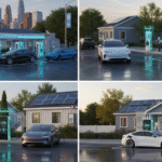 A collage of four different scenes showcasing various EV charging setups, including home and commercial stations. The images feature modern electric vehicles charging at residential properties with solar panels and urban stations.