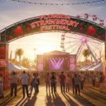 A festive arched entrance adorned with strawberries welcoming visitors to the "Florida Strawberry Festival," with a Ferris wheel and stage in the background. This image captures the vibrant atmosphere of the Strawberry Festival, a complete guide to the ultimate experience.