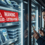 Two women in a supermarket freezer aisle observe a red warning sign for a Frozen blueberry recall. The sign warns of "RECALLED - LISTERIA RISK" prominently displayed over packages of blueberries.