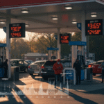 A busy gas station at sunset, with digital price signs showing "$3.03" and "$3.65" per gallon. Overlaid data visualizations and a smartphone displaying the GasBuddy app track weekly price trends.