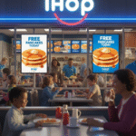 A bustling IHOP restaurant interior, with happy customers eating pancakes and waiters serving. Large digital signs outside and inside advertise "FREE PANCAKES TODAY," creating excitement.