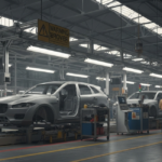 Partially assembled Jaguar vehicle on the production line in a large UK factory, with workers discussing near the halted assembly line.