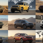 A collage of nine different utility vehicle models displayed against various backgrounds. The images showcase a range of colors and designs, from rugged off-roaders to more refined SUVs.