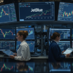 Four analysts stand under a ring of trading screens displaying stock charts, with the center monitor showing the JetBlue name and ticker JBLU.