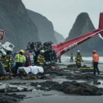Emergency responders surround a red helicopter wreck on a rocky beach under gray skies and sea cliffs. A “Coastal Tours – Daily Flights” sign stands beside debris, stretchers, and caution tape.