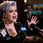 Kelly Osbourne speaks emotionally into microphones, tears streaming down her face, at a press conference. Holographic speech bubbles with negative comments and hashtags hover around her, symbolizing online backlash.