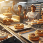 Workers in a Krispy Kreme bakery excitedly filming fresh doughnuts on a conveyor belt with smartphones as they come out of the oven.