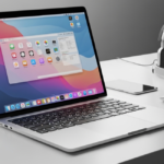 A clean workspace featuring an open MacBook displaying macOS, alongside headphones, a smartphone, and a mouse. This setup showcases an ideal environment for using Apple's affordable MacBook Neo.