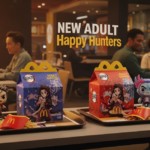Two colorful McDonald’s Adult Happy Meals boxes sit on trays with fries, drinks, and collectible figures. Text overlay reads “NEW ADULT Happy Hunters” as diners chat in a warmly lit restaurant interior.