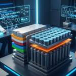 Scientists in a high-tech laboratory working with semi-solid-state battery modules and holographic chemical diagrams.