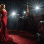Oprah Winfrey, in a dazzling red sequined gown, confidently poses on a red carpet in Paris. The Eiffel Tower and numerous paparazzi photographers are visible in the background, capturing her bold appearance.