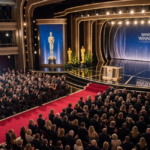 A packed auditorium faces a grand stage with giant golden statuettes and a screen that reads “WINNER” at the Oscars 2026 ceremony.